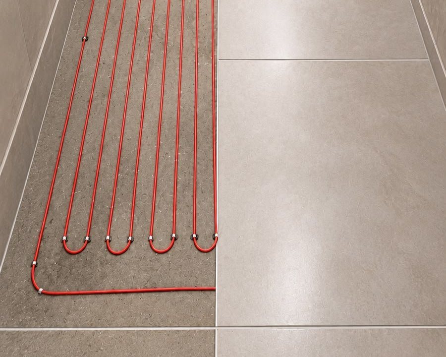 Instalação de piso aquecido em banheiro, com cabos de aquecimento ao lado do porcelanato já assentado